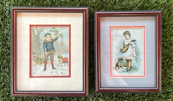 Antique Prints With Bulldog In Wood Frame S/2