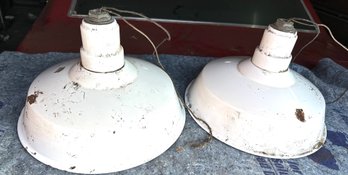 Vintage Pair Of Enamel Industrial Hanging Lights