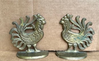 Vintage Solid Brass Rooster Bookends