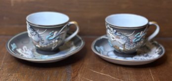 Vintage Hand Painted BETSON  Dragonware Porcelain Tea Cups And Saucers S/2