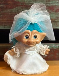 Vintage Ace Novelty Bride Troll Doll Blue Hair Blue Eyes Outfit 5.5' Gemstone