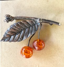 Vintage Amber Coral Cherries Lapel Pin