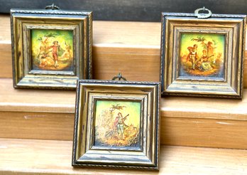 Antique Handpainted Mini Tile Art In Frames S/3