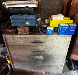 Vintage Garage 4 Drawer Dresser, Tackle Boxes, Misc Parts