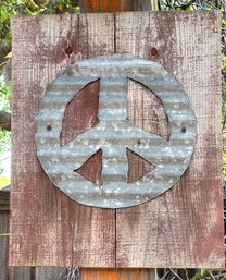 Garden Art Metal Peace Sign On Wood