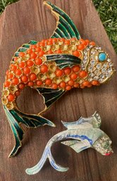 Vintage Enamel, Rhinestones And  Coral Fish Brooches