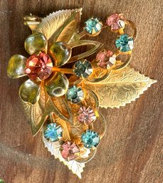 Gorgeous Vintage Rhinestone Floral Spray Leaf Rhinestone Brooch