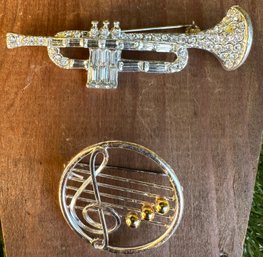 Vintage Trumpet Rhinestone Long Brooch And Treble Clef Round Pin