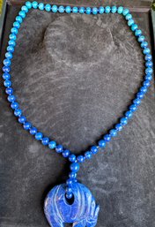 Vintage Lapis Blue Carved Elephant Necklace