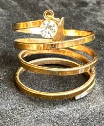 Vintage Gold Colored Climbing Ring With Rhinestone And Butterfly