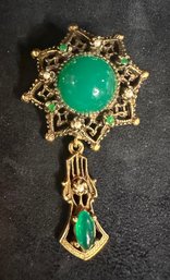 Vintage Signed JEANNE Emerald Green Dangle Brooch With Pearls And Green Stones