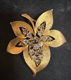 Vintage JJ Jonette Brushed Gold Tone Flower Brooch With Rhinestones