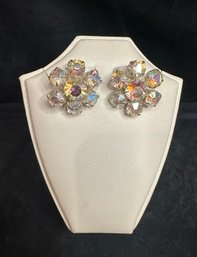 Vintage Aurora Borealis Flower Rhinestone Earrings