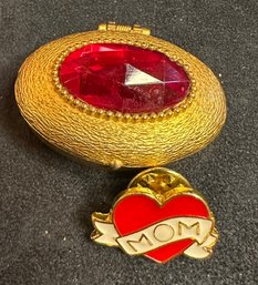 Vintage Gold Colored Trinket Box With Red Jewel And Enamel MOM Pin