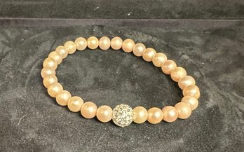 Vintage Champagne Colored Faux Pearl With Rhinestone Center Bracelet