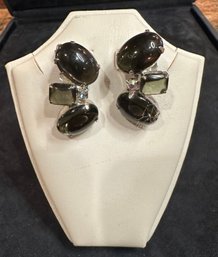 Vintage Rhinestone And Black Precious Stone Earrings