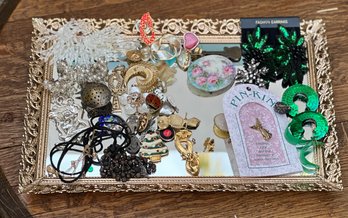 Vintage Mirrored Vanity Tray Filled With Costume Jewelry Pieces