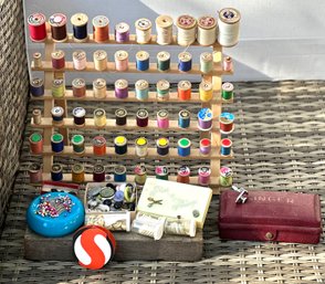 Lot Of Sewing Notions And Wood Vintage Thread Display