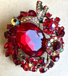Vibrant Red Vintage Crystal And Rhinestone Brooch