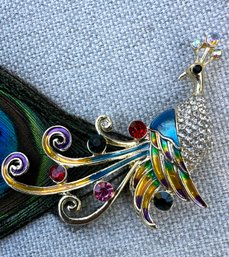 Vintage Peacock Enamel Rhinestone Pin