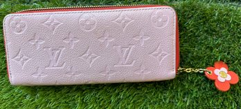 Authentic Louis Vuitton Empreinte Pink Leather Clemence Wallet With Flower Zipper Pull Charm