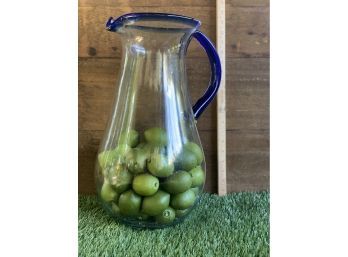 Oversized Handblown Glass  Pitcher W/Cobalt Trim