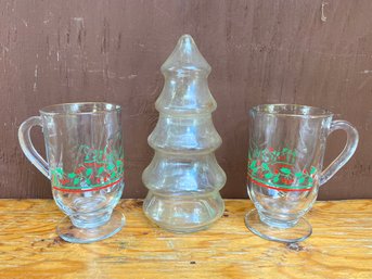 Gold Rim Glass Holiday Cocoa Mugs And Glass Tree