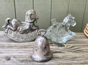 Reed And Barton Bell, Silverplate Rocking Horse Bank And Glass Horse