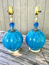 Blue Gem Glass Lamps- Works - Possibly Italian Or Morano