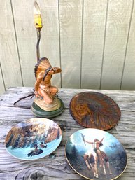 Antique Native American Lot- Lamp, Plates And Wood Plaque