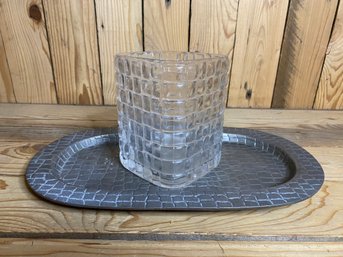 Gator Skin Print Pewter Tray And Glass Vase