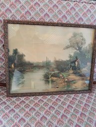 Framed Artwork - Antique Wood Frame - Fishing By Bridge - 15x12