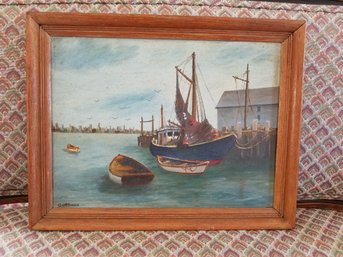 Wood Framed Artwork Signed By GH Petersen - 'Fishing Boats' - 18x14