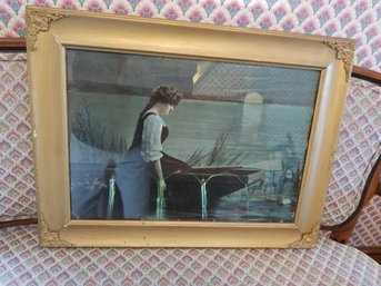 Antique Framed Artwork - Lady In Boat - 24x19