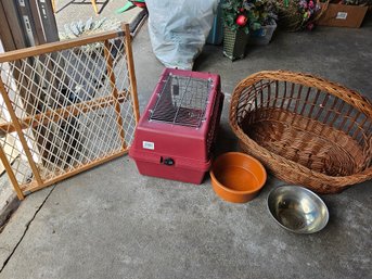 Pet Supply Lot - Dog/cat Basket Bed, Carrier, Gate And Food Bowls