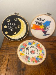 Trio Of Embroidered Circles- New York, Moon Child And Camera