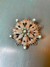 Vintage Filagree And Turquoise Flower Brooch