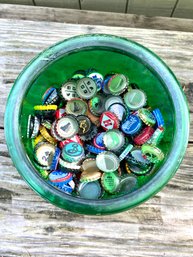 Vintage Green Glass Jar Filled With Bottle Tops