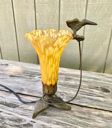 Vintage Metal Hummingbird Lamp With Glass Lily Flower Shade