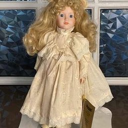 Vintage Porcelain Doll Meg, Certificate Of Authentication (stand Not Included, It Is A Prop)