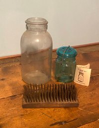 Huge Old Jar, Bicentennial Mason Jar And Wire Brush