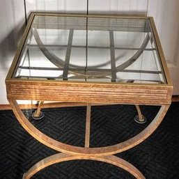 Vintage Neoclassical MCM Glass & Brushed Metal Side Table 22x24