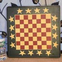 Vintage Handcrafted Primitive Folk Art Americana Checkerboard, Wood, Blue, White, Red, Stars