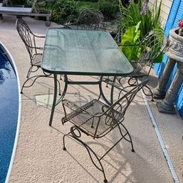 4 Vintage Wrought Iron Chairs With Glass & Metal Table