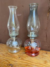 Pair Of Rose Etched Hurricane Lamps