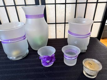 Decorative Frosted Glass Purple Accented Vases & Candle Holders Lot