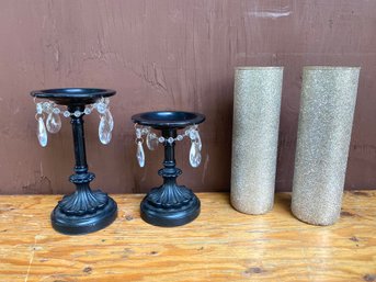 Glitter Pilar Candles And Black Gem Candlesticks