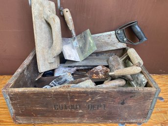 Antique Crate Full Of Drywall And Masonry Tools