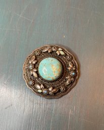 Vintage Turquoise  Center Brooch With Mesh Style Back