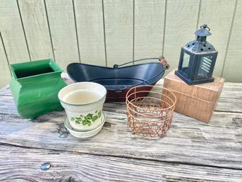 Metal Baskets, Lantern And Planters Lot